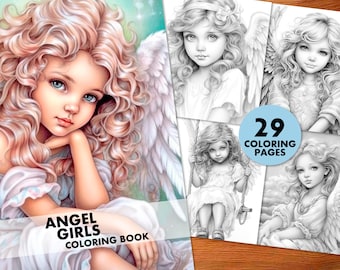Angel Girls Grayscale Coloring Book, Printable PDF (Instant Download)