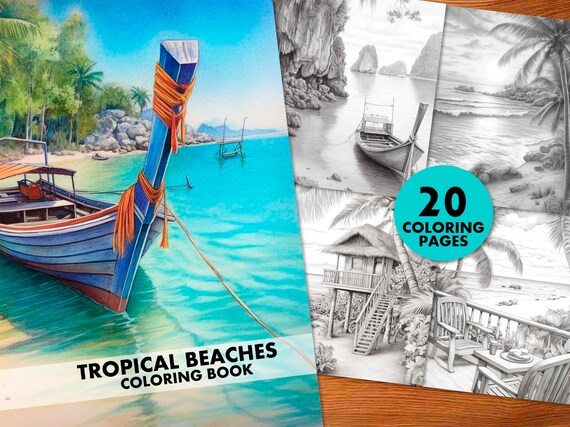 Tropical Beaches Coloring Book, Grayscale Art, 20 Pages (Printable PDF)