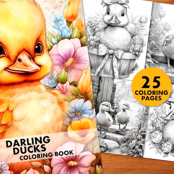 Darling Ducks Coloring Pages, for Adults and Kids, Instant Download, Grayscale Coloring Book, Printable PDF, Duck coloring