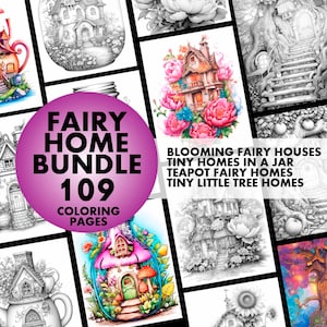 Fairy Home Bundle 109 Coloring Pages, for Adults and Kids, Instant Download, Grayscale Coloring Book, Printable PDF, Fairytale houses