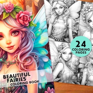 Beautiful Fairies Coloring Pages, for Adults and Kids, Instant Download, Grayscale Coloring Book, Printable PDF, Fantasy beauty