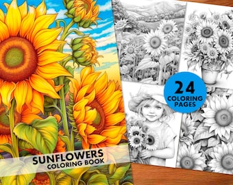 ひまわりのグレースケール塗り絵、印刷可能な24ページ（PDF）