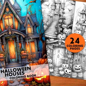 Halloween Houses: 24 Coloring Pages, for Adults and Kids, Instant Download, Grayscale Coloring Book, Printable PDF, Fantasy, Fairytale