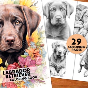 Labrador Retriever Coloring Pages, for Adults and Kids, Instant Download, Grayscale Coloring Book, Printable PDF, Dog breeds