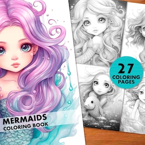 Mermaids Coloring Pages, for Adults and Kids, Instant Download, Grayscale Coloring Book, Printable PDF, Mermaid Fantasy