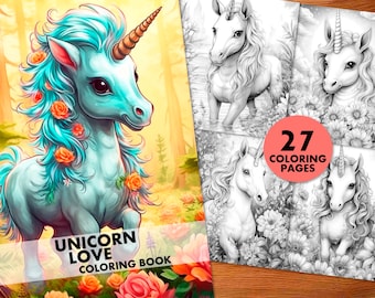 Unicorn Grayscale Coloring Book, Adults and Kids (Printable PDF)