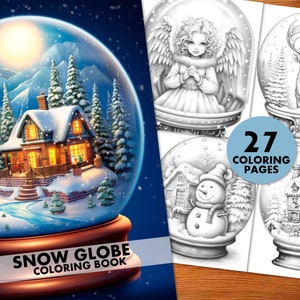 Snow Globe Coloring Pages, for Adults and Kids, Instant Download, Grayscale Coloring Book, Printable PDF, Christmas decorations