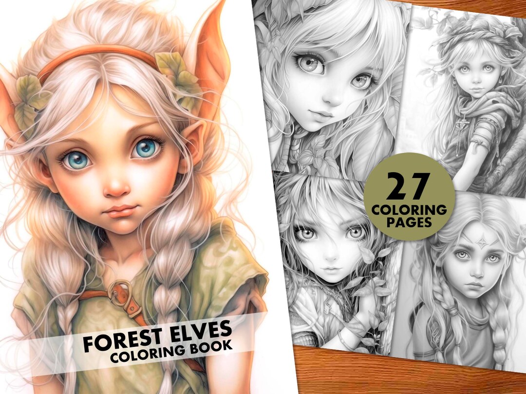 Forest Elves Coloring Pages, for Adults and Kids, Instant Download, Grayscale Coloring Book ...
