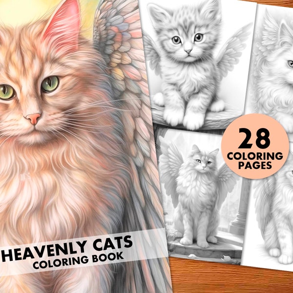 Heavenly Cats Coloring Pages, for Adults and Kids, Instant Download, Grayscale Coloring Book, Printable PDF, Cat, Angel Wings