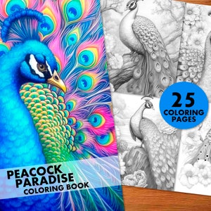 Peacock Paradise Coloring Pages, for Adults and Kids, Instant Download, Grayscale Coloring Book, Printable PDF, Birds, Nature