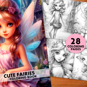 Cute Fairies Coloring Pages, for Adults and Kids, Instant Download, Grayscale Coloring Book, Printable PDF, Fairytale coloring