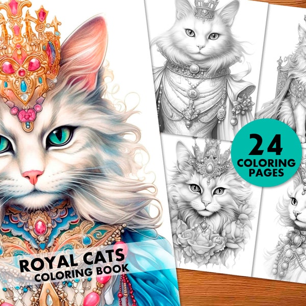 Royal Cats Coloring Pages, for Adults and Kids, Instant Download, Grayscale Coloring Book, Printable PDF, Cat princess coloring