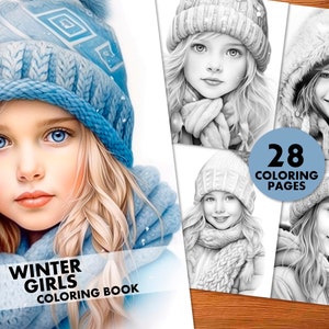 Winter Girls Coloring Pages, for Adults and Kids, Instant Download, Grayscale Coloring Book, Printable PDF