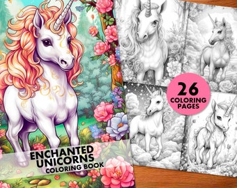 Páginas para colorear de Unicornios encantados, para adultos y niños, Descarga instantánea, Libro para colorear en escala de grises, PDF imprimible