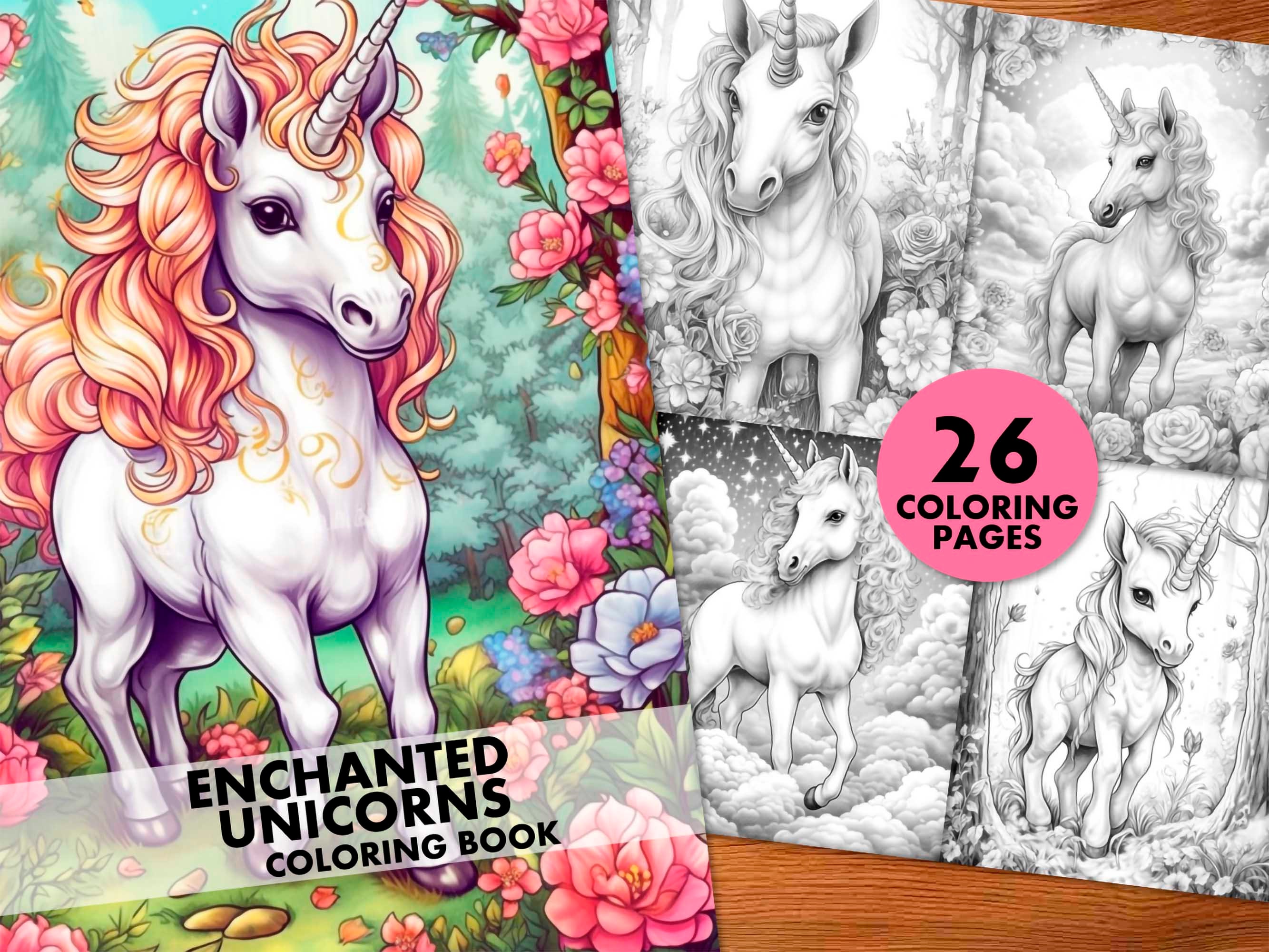 Enchanted Unicorns Coloring Pages, for Adults and Kids, Instant Download, Grayscale Coloring ...
