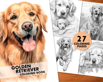 Golden Retriever Coloring Pages, for Adults and Kids, Instant Download, Grayscale Coloring Book, Printable PDF, Dog breeds