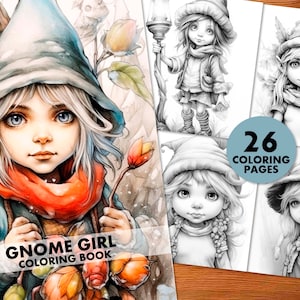 Gnome Girl: 26 Coloring Pages, for Adults and Kids, Instant Download, Grayscale Coloring Book, Printable PDF, Cute Gnome Fantasy