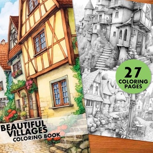 Beautiful Villages Coloring Pages, for Adults and Kids, Instant Download, Grayscale Coloring Book, Printable PDF, European village
