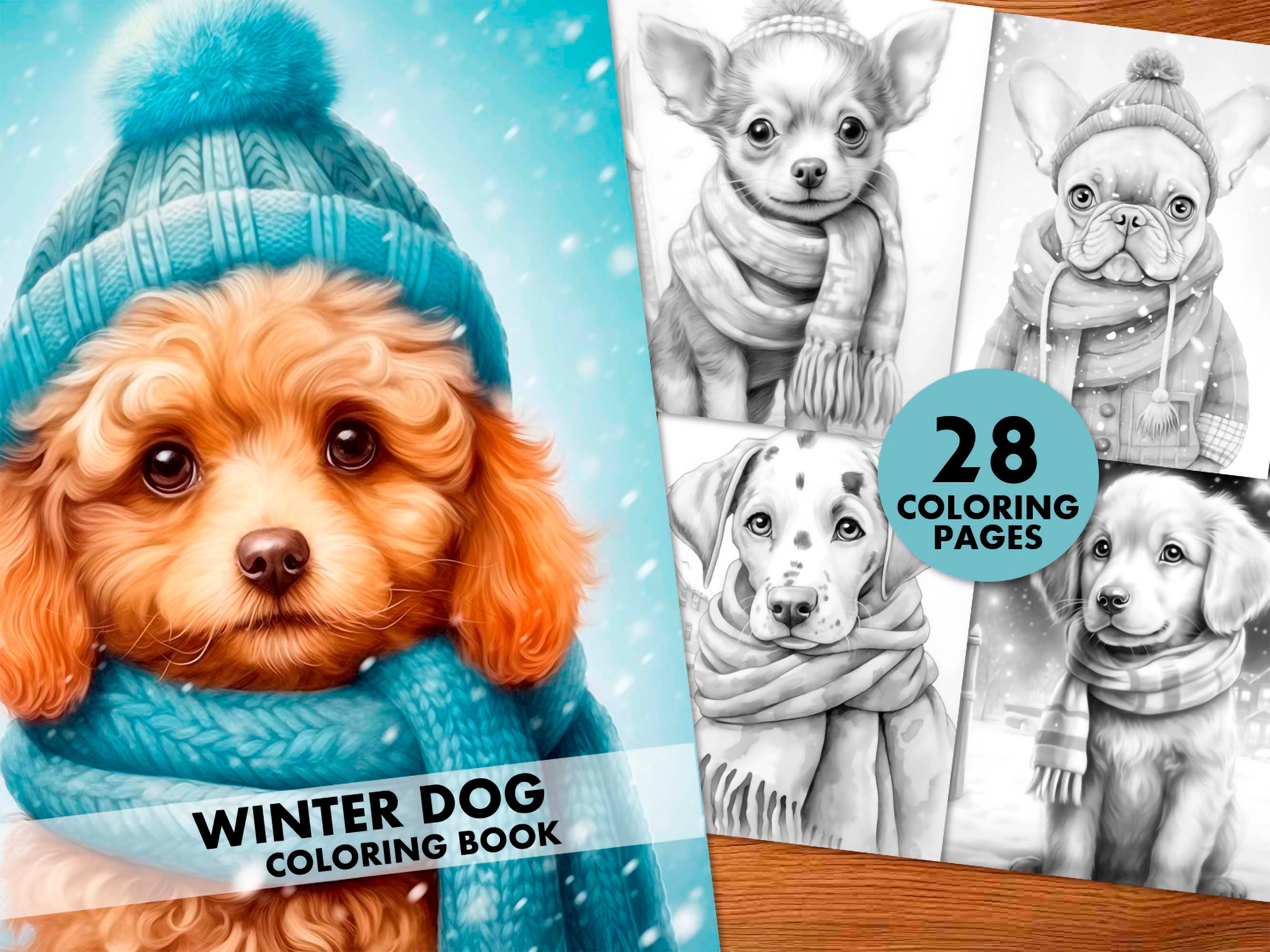 Winter Dog Coloring Pages, for Adults and Kids, Instant Download