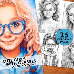 メガネをかけたかわいい女の子の塗り絵、大人と子供向け、即時ダウンロード、グレースケール塗り絵、印刷可能な PDF