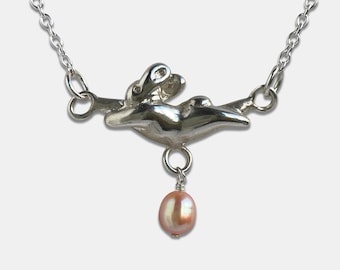 Dancing Bunny Necklace with Round Pearl | Sterling 925 Silver Necklace | Handmade Silver Necklace