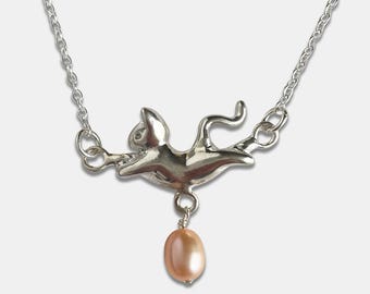 Dancing Cat Necklace with Round Pearl | Sterling 925 Silver Necklace | Handmade Silver Necklace