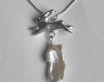 Bunny Necklace, La Conejita Necklace with Heavy Pearl | Sterling 925 Silver Necklace | Handmade Silver Necklace