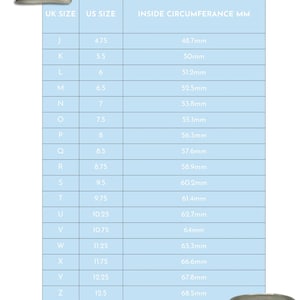 May include: A chart showing UK and US ring sizes with corresponding inside circumference measurements in millimeters. The chart is on a light blue background.