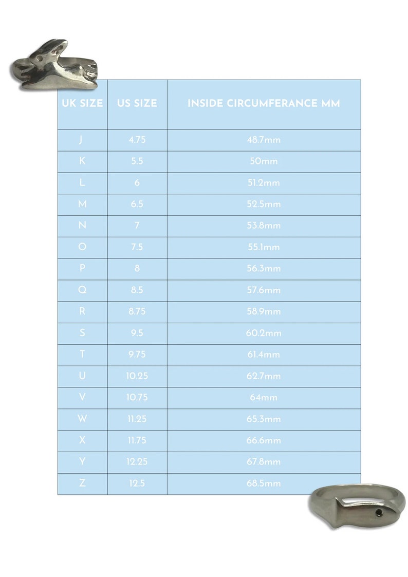 May include: A chart showing UK and US ring sizes with corresponding inside circumference measurements in millimeters. The chart is on a light blue background.