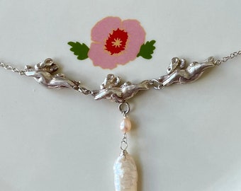 Dancing Bunnies Trio Necklace, Pearl | Sterling 925 Silver Necklace | Handmade Silver Necklace