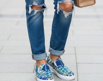 Blue Animal Print Slip On Sneakers for Women, Teal Leopard Zebra Patchwork Canvas Shoes