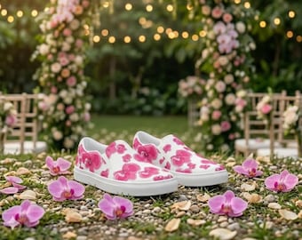 Chaussures à enfiler Angel Orchid - Baskets roses en toile à fleurs pour femmes, oeuvre d'art pour mariage