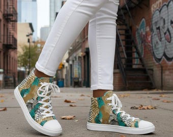 Snakeskin Print High Top Sneakers for Women, Gold and Turquoise Canvas Shoes