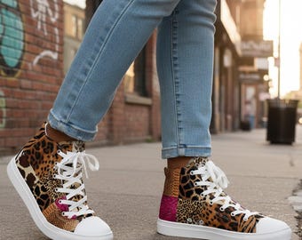 Animal Print Patchwork High Top Sneakers for Women, Leopard Zebra Snakeskin Canvas Shoes