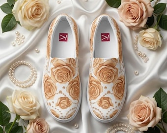 Zapatillas sin cordones con rosas color crema y perlas – Zapatillas de lona para novias, diseño floral nupcial