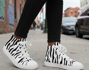 Zebra Print High Top Sneakers for Women, Black and White Striped Canvas Shoes