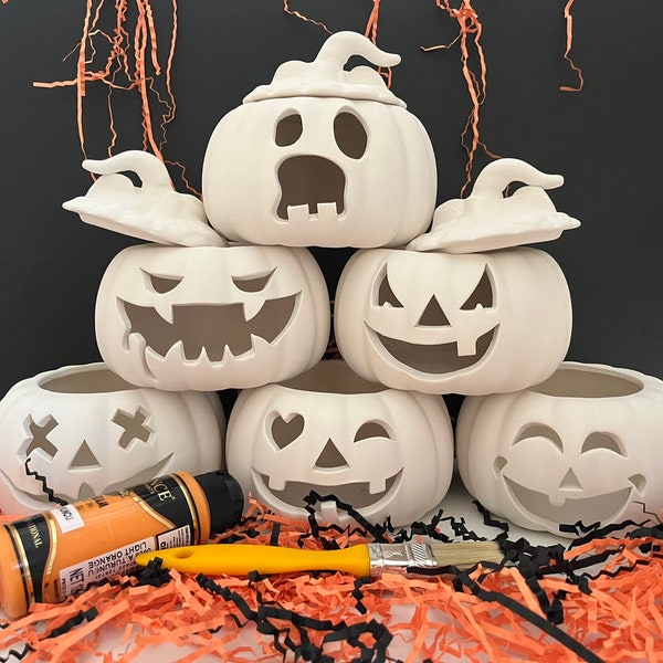 Ready-to-Paint Halloween Pumpkins, Paint Your Own Ceramic Bisque Pumpkin Candle Holder, Halloween Decor Pumpkins, DIY Halloween Pumpkins