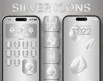 May include: A silver iPhone mockup with a custom home screen featuring silver icons for various apps, including Snapchat, Spotify, Messenger, Photos, Settings, Journal, Instagram, Notion, Netflix, and FaceTime. The phone also has a silver butterfly icon, a silver crown icon, and a silver letter N icon. The phone is set to 11:11 and has a silver background.