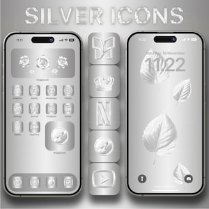 May include: A silver iPhone mockup with a custom home screen featuring silver icons for various apps, including Snapchat, Spotify, Messenger, Photos, Settings, Journal, Instagram, Notion, Netflix, and FaceTime. The phone also has a silver butterfly icon, a silver crown icon, and a silver letter N icon. The phone is set to 11:11 and has a silver background.