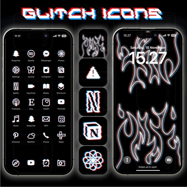 Glitch Icon Pack for iOS Devices, Distorted 3D Pixel Theme, Hacker iPhone Icons with Glitches, Dark Theme App Bundle, Cyberpunk Steampunk