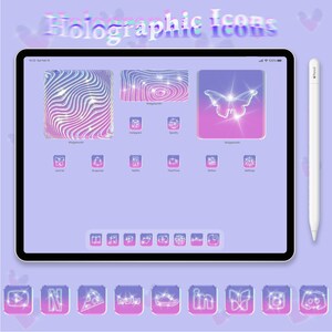 May include: A tablet screen displaying a collection of holographic icons for popular apps, including Instagram, Spotify, Netflix, and more. The icons are designed with a shimmering, iridescent effect, creating a visually appealing and modern aesthetic.