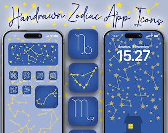 Celestial Zodiac Icons Handgetekend sterrenbeeldthema voor iOS, Astrologie App Bundle, Galaxy Aesthetic, Horoscoop Icon Pack, Sterrennacht iOS