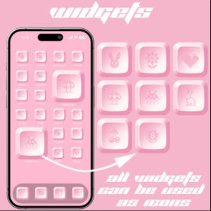 May include: A pink smartphone screen with a grid of app icons. The icons are all different and feature cute, cartoon-like designs. The text "all widgets can be used as icons" is displayed below the phone.