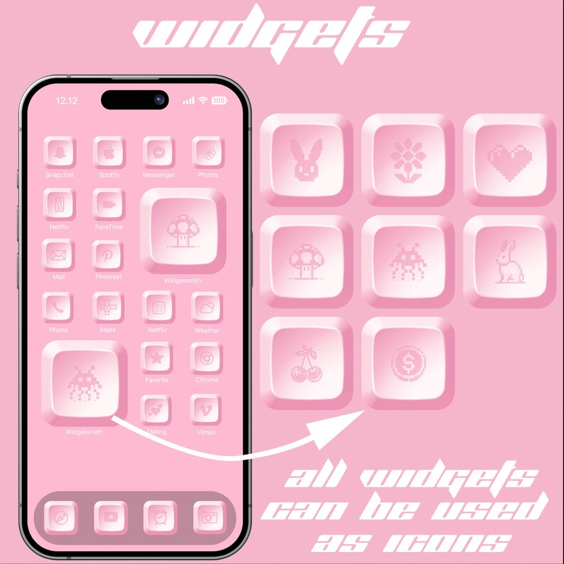 May include: A pink smartphone screen with a grid of app icons. The icons are all different and feature cute, cartoon-like designs. The text "all widgets can be used as icons" is displayed below the phone.