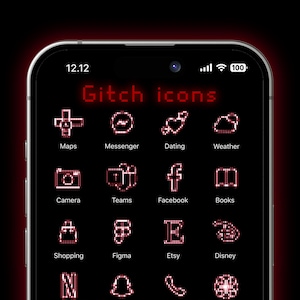 May include: A screenshot of a smartphone displaying a grid of red pixelated icons on a black background. The icons represent popular apps such as Maps, Messenger, Dating, Weather, Camera, Teams, Facebook, Books, Shopping, Figma, Etsy, Disney, Netflix, and more. The text "Gitch icons" is displayed in red at the top of the screen.