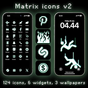 Op de afbeelding: Een zwart en groen telefoonscherm met een groene digitale klok die "04.44" en de tekst "Vrijdag 26 juli" weergeeft. Het telefoonscherm toont ook een groen digitaal pictogram van een persoon die aan een touw hangt. Het telefoonscherm is omgeven door een zwarte achtergrond met een rasterpatroon. De tekst "124 pictogrammen, 6 widgets, 3 achtergronden" wordt onder het telefoonscherm weergegeven.