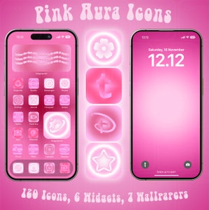 May include: A pink and white iPhone with a pink background. The phone screen displays a grid of app icons with a pink glow. The icons include popular apps like Snapchat, Spotify, Instagram, and Netflix. The phone also displays a clock with the time 12:12. The text "120 Icons, 6 Widgets, 7 Wallpapers" is displayed below the phone.