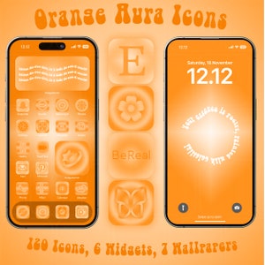 May include: A set of orange and white phone icons and widgets for customizing a smartphone home screen. The icons feature a variety of popular apps, including Snapchat, Instagram, TikTok, and more. The widgets include a clock, calendar, and weather app. The background is a gradient of orange and white.