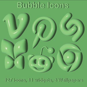 May include: Green 3D rendered icons, including social media logos like Pinterest and Reddit, against a matching green background. The text "Bubble Icons" and details about the included items are also present.