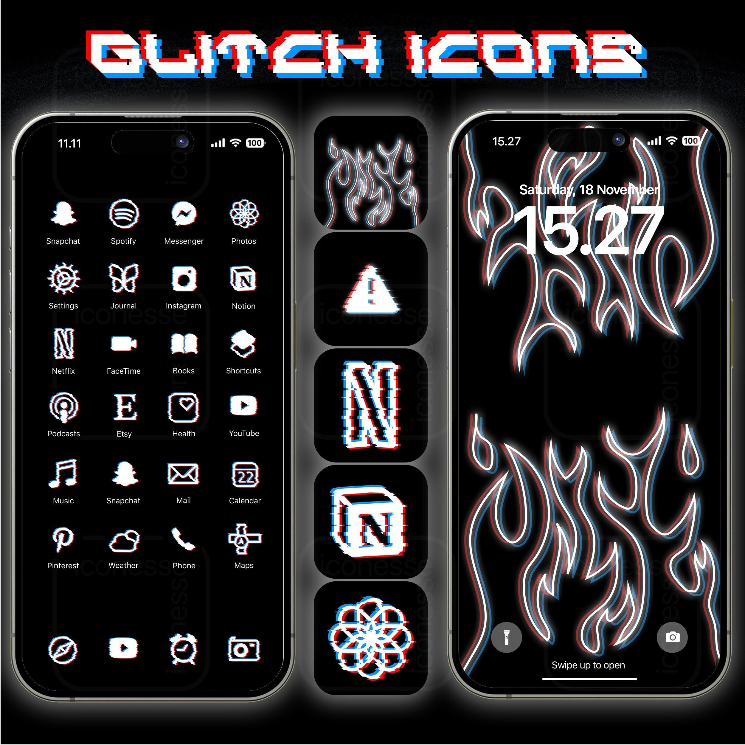 Glitch Icon Pack for Ios Devices, Distorted 3D Pixel Theme, Hacker ...